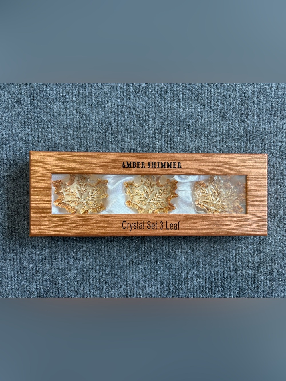 Simon Designs Amber Shimmer Crystal 3 Maple Leaf Set NIB Boxed Fall Decor